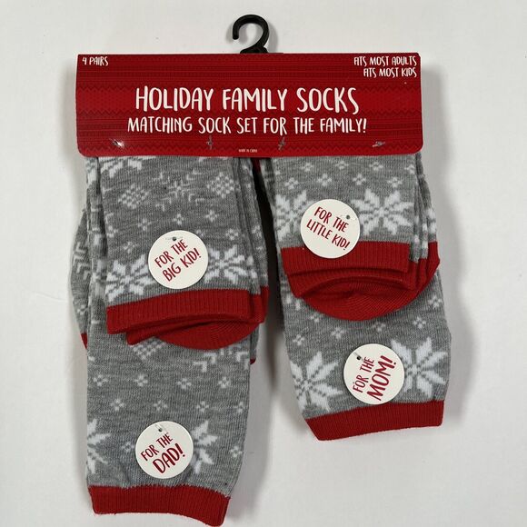 Holiday Family Socks 4 Pair Matching Set Christmas Snowflakes Gray Red White - Picture 1 of 6